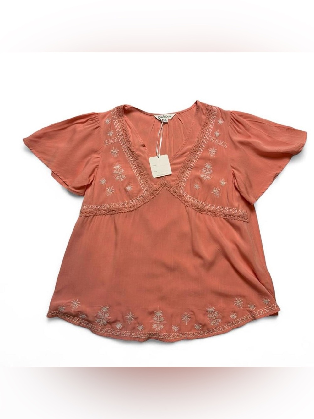 Davi & Dani Pink Coral Embroidered Flutter Sleeve Blouse Womens Size M NWT